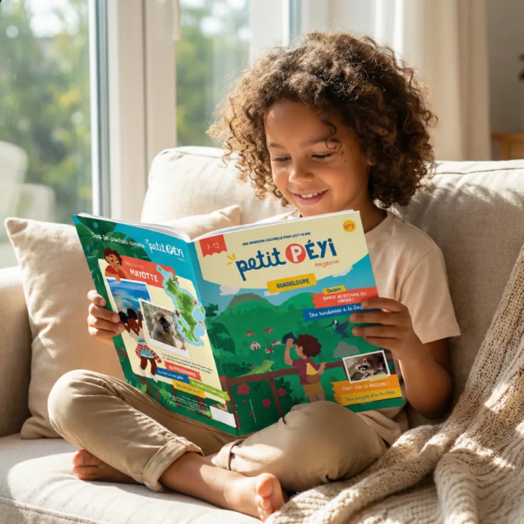 Enfant qui lit le magazine Petit Péyi dans un fauteuil