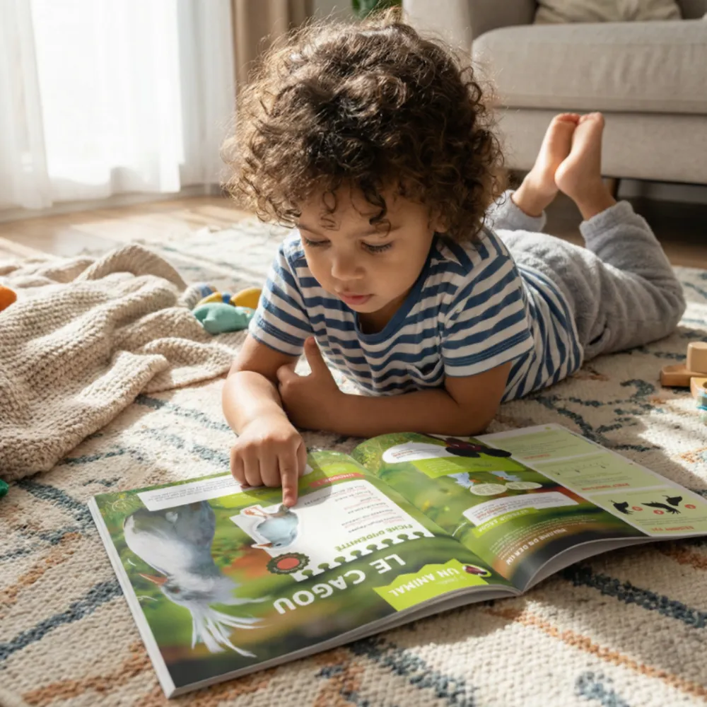 Enfant allongé sur un tapis qui lit le magazine Petit Péyi