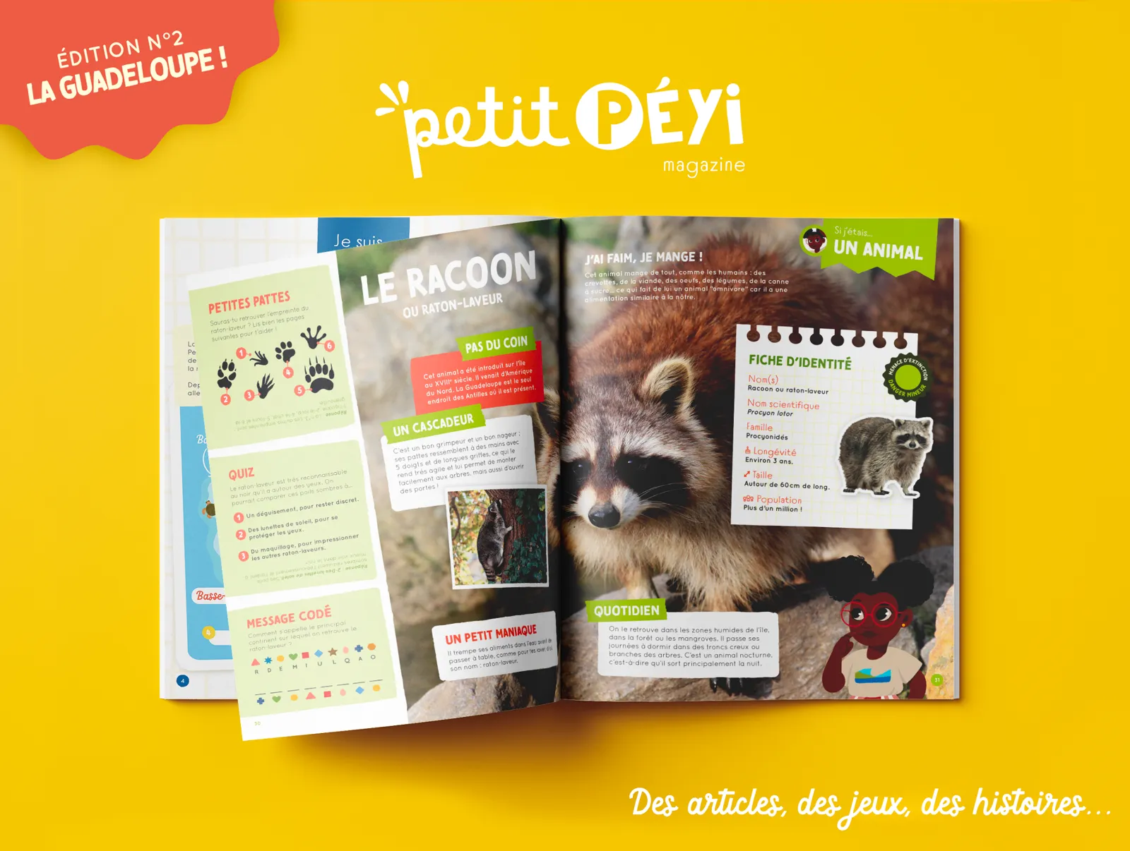 Double page du magazine Petit Péyi Guadeloupe : fiche animal et jeux
