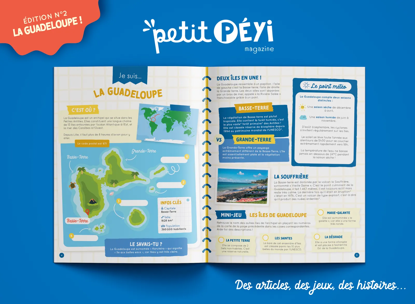 Double page du magazine enfant Petit Péyi Guadeloupe : carte et volcan de la Soufrière