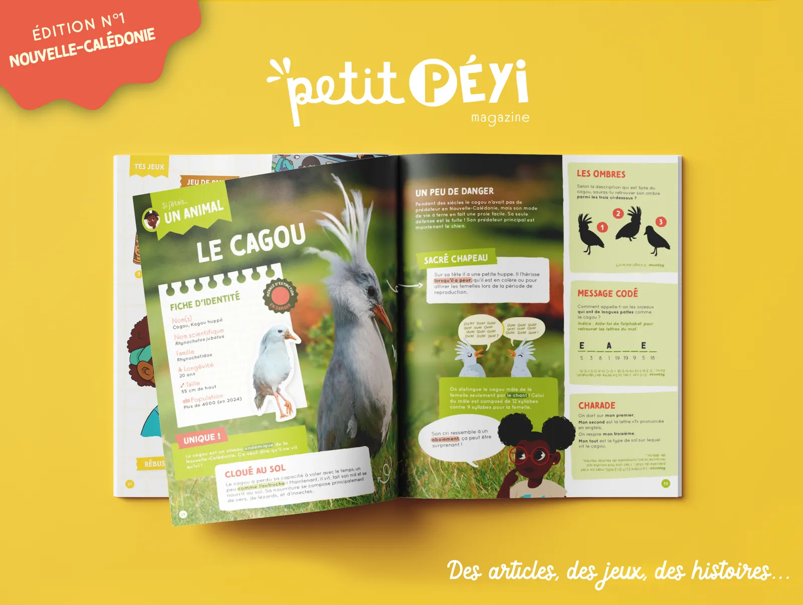 Double page du magazine Petit Péyi Nouvelle-Calédonie : fiche animal du cagou et jeux