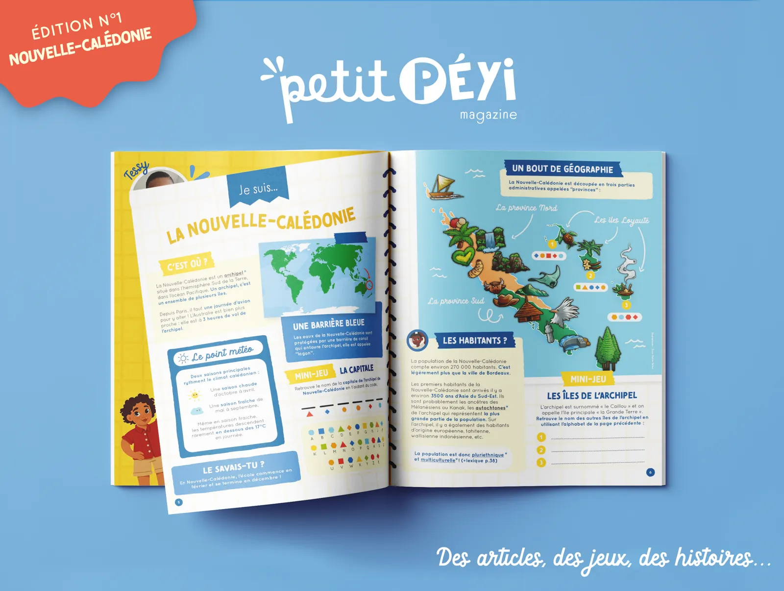 Double page du magazine enfant Petit Péyi Nouvelle-Calédonie : carte de l’archipel et jeux